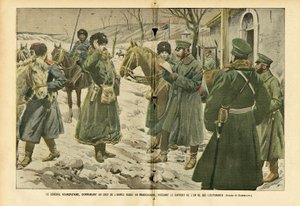 Illustrasjon av Eugene Damblans (1865-1945) i Le Pelerin, 05/03/05 - General Kuropatkin, øverstkommanderende for den russiske Armea i Manchuria, mottok rapporten fra en av hans løytnanter - Russland, Armea, Manchuria, Russland -Japansk krig, snø - general av Eugene Damblans