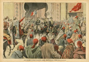 Illustrasjon av Eugene Damblans (1865-1945) i Le Pelerin, 20/10/07 - Høytidelig inngang til Palais de Rabat av Mr. Regnault, Frankrikes minister i Marokko - Kolonisering Kolonialisme Kolonier, Arkitektur Urbanisme, Marokko, Offisielt besøk - Regnault Euge av Eugene Damblans