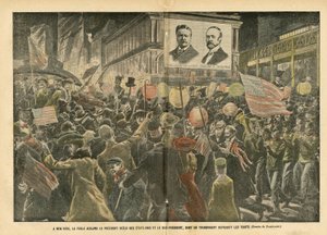 Illustrasjon av Eugene Damblans (1865-1945) i Le Pelerin, 20/11/04 - I New York heier publikum på den gjenvalgte presidenten i USA og visepresidenten, hvis transparente gjengir funksjonene - Amerika USA, valg, arkitektur Urbani av Eugene Damblans