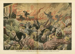 Illustrasjon av Eugene Damblans (1865-1945) i Le Pelerin, 26/01/08 - Under en filmskaperopptreden i USA ble hundrevis av ofre drept i en brann - Amerika USA USA, Diverse fakta, Kino, Crowd, Brann av Eugene Damblans