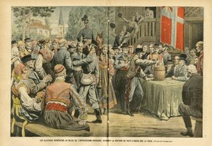 Illustrasjon av Eugene Damblans (1865-1945) i Le Pelerin, 27/08/05 - Det norske valget, midt i folkelig entusiasme, ratifiserer bruddet på unionspakten med Sverige - Valg, Urban arkitektur, Folkemengde, Sverige, Norge - Urne av Eugene Damblans