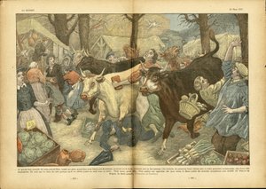 Illustrasjon av Eugene Damblans (1865-1945) i Le Pelerin, 28/03/37 - Den store årlige messen i Lezay nær Niort - Diverse fakta, Økonomi, Folkemengde, Butikker, Landbruk, Belgvekster - Ku, Biff, Camelot-reisende av Eugene Damblans