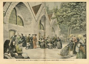 Illustrasjon av Eugene Damblans (1865-1945) i Le Pelerin, 28/08/04 - Ved bassengene i Lourdes, i disse dager med pelerinager og bønner, ber hundrevis av pasienter om deres krig - Medisinsk, Religion Tro, Arkitektur Byplanlegging , katolsk katolikk av Eugene Damblans