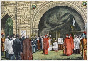 In front of the “Grotto de Lourdes”, in the gardens of the Vatican, Pope Pius XI blessed the first stone of the College of Propaganda which would rise on the Janicule. Illustration of Damblans. In “ Le Pelerin” of June 3 av Eugene Damblans