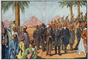 King Amanullah of Afghanistan (1892-1960) visits the Pyramids of Egypt, accompanied by an escort of Meharists. Cairo, Egypt. Illustration of Damblans. In “” Le Pelerin”” of January 22 av Eugene Damblans