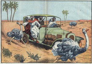 Moderne jakt: I den arabiske ørkenen kjører velstående beduiner unge østerrikere for å fange dem i live. Illustrasjon av Damblans. I "" Le Pelerin"" av 16. april av Eugene Damblans