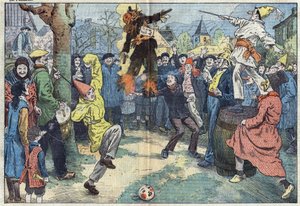 Gamle skikker: kremeringen av "" karneval", på kvelden Mardi Gras (Mardi-Gras), representerer gledene og de kjæreste som er forlatt ved terskelen til Careme. Illustrasjon av Damblans. I "" Le Pelerin"" av 16. mars av Eugene Damblans