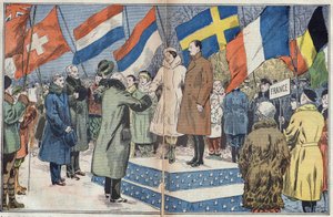 Olympiske vinterleker (1932) - avslutningsseremoni: de franske skøyteløperne M. og fru Brunet Joly (Brunet-Joly), olympiske mestere, gratuleres av juryen. Lake Placid, USA. Illustrasjon av Damblans. I "" Le Pelerin"" av 18. mars av Eugene Damblans