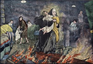 Søster Marie Gabrielle (Marie-Gabrielle) redder et barn under brannen på barnehjemmet til Bernards Ville (Bernards-Ville), i USA. Illustrasjon av Damblans i "" the Pelerin"" av 27. november av Eugene Damblans
