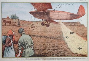 Såing av frø fra et fly i Sovjet-Russland, illustrasjon for magasinet 