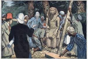 The French archeolgic mission discovers a statue of Sesostris III teenager who will be brought to the Louvre. Medamoud, ancient Thebes, Egypt. Illustration of Damblans. In “” Le Pelerin”” of November 22 av Eugene Damblans
