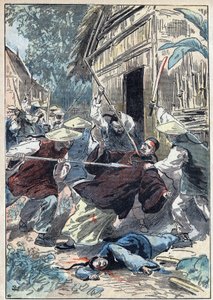 The French priest Berthollet (1865-1898), priest of the Foreign Missions, was assassinated by Chinese national guards near the town of Yun Ngan Cheou (Yun-Ngan-Cheou) on 21 April 1898. Illustration of Damblans in “” Le Pelerin”” of July 10 av Eugene Damblans