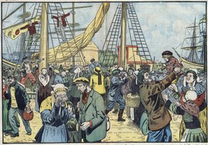 Torskens retur til Saint-Malo: Terres-Neuvas fisket og ble gjenforent med familiene sine. Illustrasjon av Damblans. I "" Le Pelerin"" av 7. oktober av Eugene Damblans