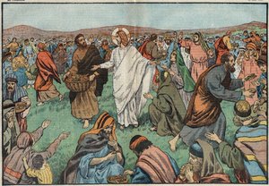 Formeringen av brød: ved bredden av Tiberiadsjøen tilfredsstilte Jesus Kristus (Jesus Kristus) befolkningen ved å multiplisere fem byggbrød og to fisker. Illustrasjon av Damblans. I "" Le Pelerin"" av 18. mars av Eugene Damblans