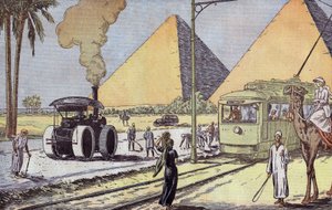 Utsikt over Giza-pyramidene i Egypt, illustrasjon av Eugene Damblans fra fransk avis "Le Pelerin" 1. januar av Eugene Damblans