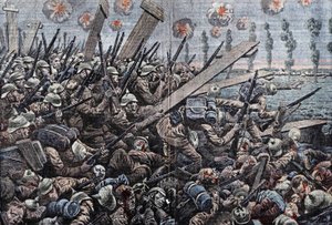Krig 1914-1918. Front av Belgia 1914. Tyske soldater på Yser. Tegning av Damblans. av Eugene Damblans