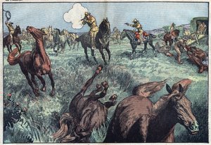Villhester slaktes i USA. Illustrasjon av Damblans. I "" Le Pelerin"" av 31. januar av Eugene Damblans