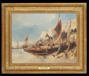 Fiskebåter på stranden, Bretagne av Eugene Deshayes