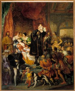 Fødsel av kong Henry IV den 13/12/1553 på Chateau de Pau Jeanne III, kjent som Jeanne d"Albret, føder den fremtidige kongen viser besøkende av sin far Antoine de Bourbon