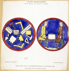 Byggehistorie i middelalderen: Fac-liknelse av glassmalerier fra 1200-tallet, i Cathedrale de Chartres - Tegning av Eugene Viollet-le-Duc (Viollet le Duc) (1814-1879) og med flere makoniske symboler. av Eugene Emmanuel (after) Viollet le Duc