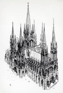 Isometrisk utsikt over den ideelle katedralen, tegning av Eugene Emmanuel Viollet-le-Duc (1814-1879) fra Dictionary of French Architecture fra 1000- til 1500-tallet