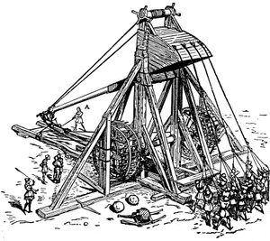 Rekonstituering av en enorm katapult (motvekt trebuchet type), kalt mangonneau