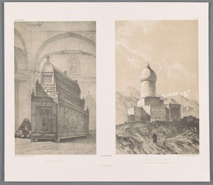 Graftombe van Esther en Mordechai Cenotaph of Esther (tittel på objekt) Monument reist til minne om Esther og Mordecai (tittel på objekt) A Hamadan (tittel på objekt) Perzische landschappen (serietittel) Modern Persia (serietittel) av Eugene Flandin