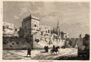 De store mesternes palass på Rhodos, tegning av Eugene Flandin, for å illustrere hans reise til øya Rhodos i 1844. Gravering i "" Le tour du monde", redigert av Edouard Charton