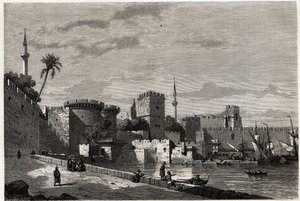 Utsikten over havnen på Rhodos og porten til Aubusson, tegning av Eugene Flandin, for å illustrere hans reise til Rhodos øya i 1844. Gravering i "" Le tour du monde"", redigert av Edouard Charton av Eugene Flandin