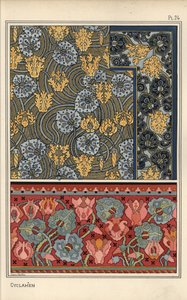 Cyclamen persicum plante som motiv i design for billedvev, stoff og tapet. Litografi av Anna Martin av Eugene Grasset