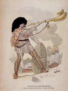 Gallisk soldat lyder fra krigshornet (carnyx) - i "" Illustrous Teaching Cahiers, War Costumes of the Bronse Age and the Gallish Age"", red Grasset av Eugene Grasset