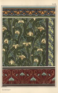 Snøklokke, Galanthus nivalis, som designmotiv i tapeter, border og stoffer av Eugene Grasset