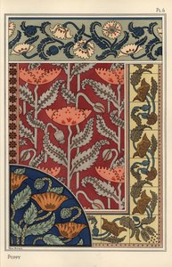 Valmuen, Papaver somniferum, i farget glass, tapet, stoff og flisemønstre. Litografi av Marc Mangin av Eugene Grasset