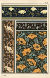 Valmuen, Papaver somniferum, i tapet- og stoffmønstre. Litografi av Verneuil av Eugene Grasset