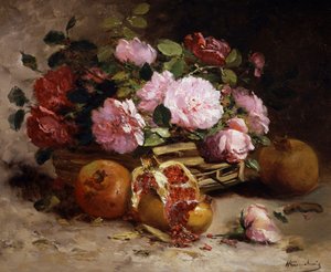 Stilleben av rosa roser og granatepler. Maleri av Eugene Henri Cauchois (1850–1911). Privat samling.