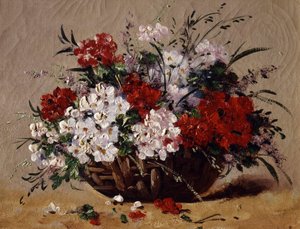 Kurv med sommerblomster. Maleri av Eugene Henri Cauchois (1850–1911). Privat samling. av Eugene Henri Cauchois