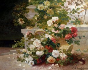 Kurv med roser. Maleri av Eugene Henri Cauchois (1850–1911). Privat samling.