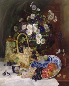Stilleben med blomster og frukt