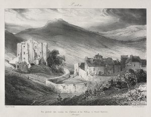 Pittoreske og romantiske reiser i det gamle Frankrike, Auvergne: Ruinene av slottet og landsbyen Saint Nectaire av Eugene Isabey