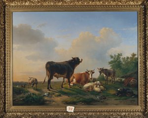 En okse, en ku, et esel, en geit, sau og fjørfe i et vidstrakt landskap, 1849