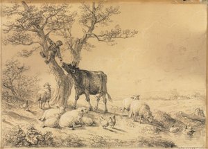Landskap med dyr og gutt i treet, 1866.