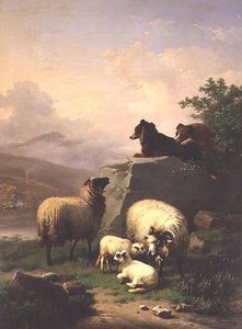Sauer og lam med to hunder i et elvelandskap av Eugene Joseph Verboeckhoven