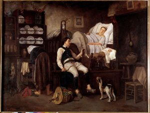 Interiør Bas-Breton eller Le Nouveau Ne Breton Family i et interiør. Maleri av Eugene Leroux (1807-1863) Rennes fra 1800-tallet, Museum of Fine Arts