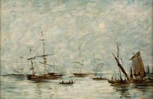 Båter fortøyd i en havn (olje på lerret) av Eugene Louis (attr.to) Boudin