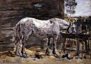 A Horse Drinking, ca. 1885-90 (olje på panel) av Eugene Louis Boudin