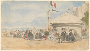 Beach House med flagg i Trouville, ca. 1865. av Eugene Louis Boudin