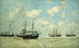 Båter på bredden ved Scheveningen; Scheveningen, Skip strandet på Greve, 1875 av Eugene Louis Boudin