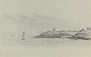 Kystlandskap med skipsfart, vindmølle i avstand, ca. 1858. av Eugene Louis Boudin