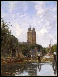 Dordrecht, den store kirken fra kanalen, 1884 av Eugene Louis Boudin