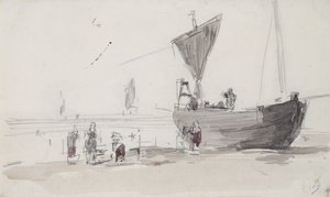 Fiskebåt på stranden (blyant og wc på papir) av Eugene Louis Boudin